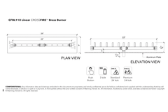 Warming Trends Crossfire Linear Brass Fire Pit Burner Kit Size chart, 26x9-inch Plate, 22-inch Linear Burner Specification Drawing