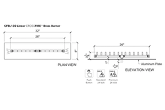 Warming Trends Crossfire Linear Brass Fire Pit Burner Kit Size chart, 32x8-inch Plate, 26-inch Linear Burner Specification Drawing