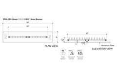 Warming Trends Crossfire Linear Brass Fire Pit Burner Kit Size chart, 30x8-inch Plate 30-inch Linear Burner Specification Drawing
