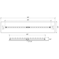 Warming Trends Crossfire Linear Brass Fire Pit Burner Kit Size chart, 50x10-inch Plate, 42-inch Linear Burner Specification Drawing