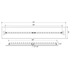 Warming Trends Crossfire Linear Brass Fire Pit Burner Kit Size chart, 56x10-inch Plate, 50-inch Linear Burner Specification Drawing