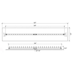 Warming Trends Crossfire Linear Brass Fire Pit Burner Kit Size chart, 62x12-inch Plate, 54-inch Linear Burner Specification Drawing