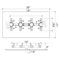 Warming Trends Crossfire Tree-Style Brass Gas Fire Pit Burner CFBT110 Size Chart, 11x20-inch Plate, 5.25x13-inch Burner Specification Drawing
