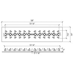 Warming Trends Crossfire Tree-Style Brass Gas Fire Pit Burner CFBT350 Size Chart, 14x58-inch Plate, 7.25x51.5-inch Burner Specification Drawing
