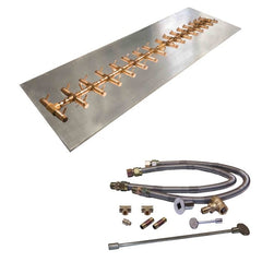 Warming Trends Crossfire Tree-Style Brass Gas Fire Pit Burner Kit CFBT470 with Rectangular Stainless Steel Plate and Dual Flex Line Kit in White Background