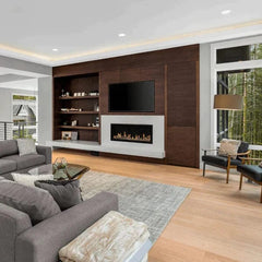 Modern Flames 52-inch Orion Slim Heliovision Fireplace in Living Area and Tv on Top