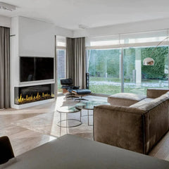 Modern Flames Orion Multi Heliovision Fireplace with Living Room View and Tv on Top