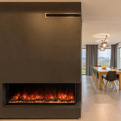 Modern Flames Built In Electric Fireplace with Brown Wall and Dining on the Right Side