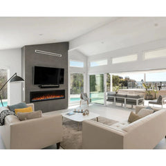 Modern Flames Spectrum Slimline Wall Mount Recessed Electric Fireplace Install in Living Area with TV on Top and Grey Wall Background
