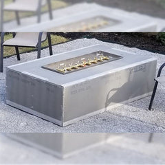 Warming Trends Crossfire Rectangular with Linear Firetable with Backyard View and Chair