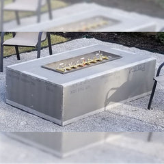 Warming Trends Crossfire 48x30x18-Inch Rectangular with Linear Fire Pit with Backyard view and Chair