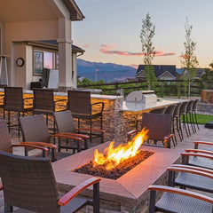 Warming Trends Crossfire Double Tree-Style Brass Gas Fire Pit Burner Kit with Background Firetable with Chair